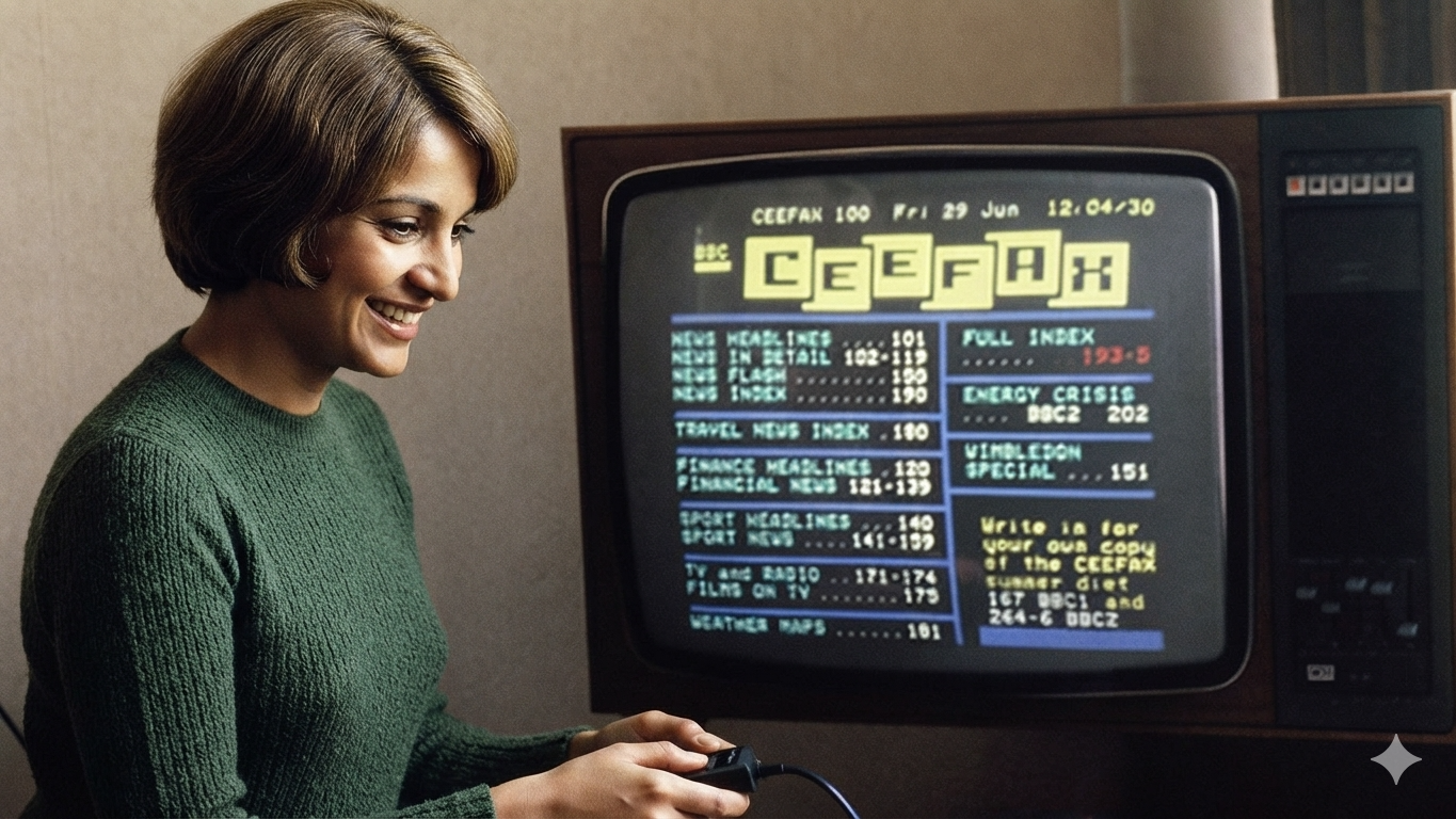 A woman smiling with a remote control in hand, watching the Ceefax index page on a wood-panelled television at home.