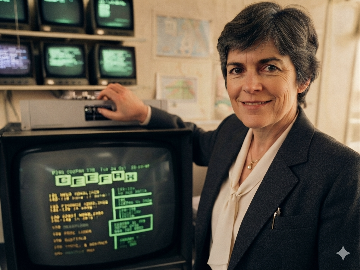 A broadcast journalist beside a wall of monitors, resting a hand on a television tuned to the Ceefax index page.